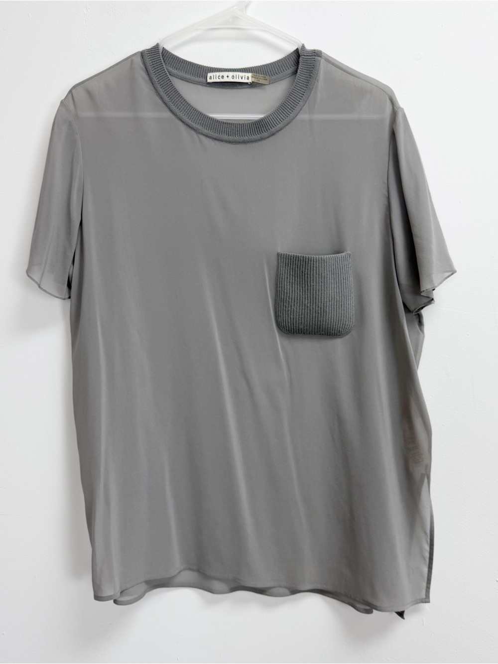 Alice + Olivia Blouse Womens Large Gray Silk Blend Wool Sheer Top Short Sleeve